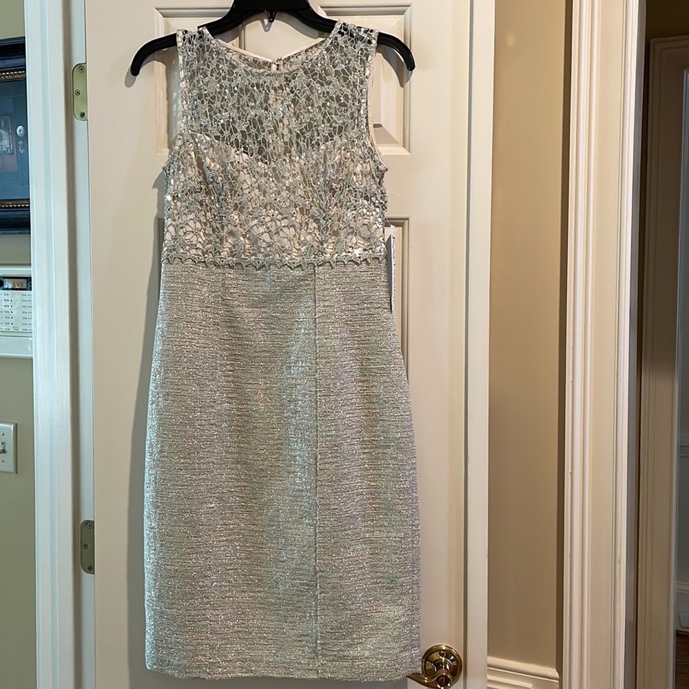 Kay Unger Lace with Boucle Skirt Dress. NWT. Size 4. Sage/silver/cream.